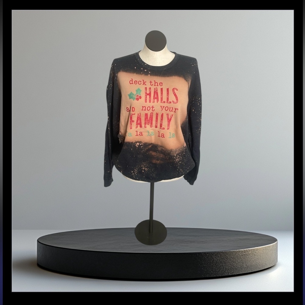 Handcrafted sweatshirt Deck the halls Festive Gray pullover unisex size 2XL